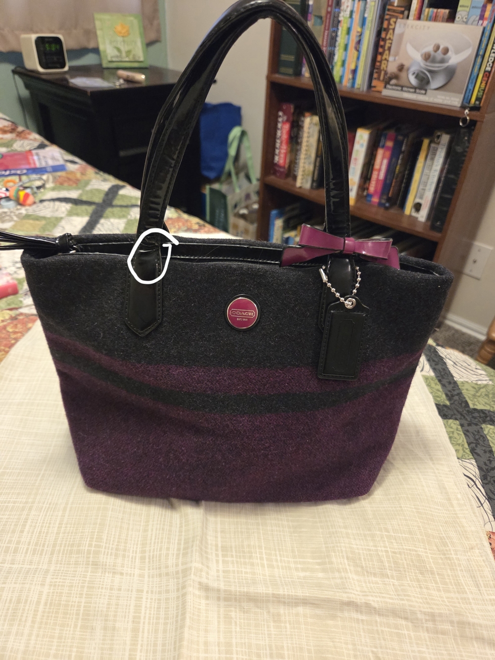 Coach Signature Stripe Wool Tote with Leather Trim